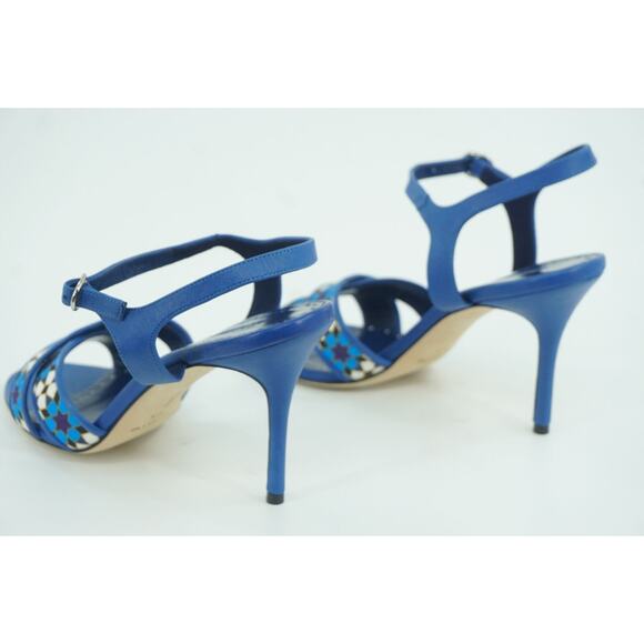 Manolo Blahnik Talitha Linen Strap Blue Floral Sandals size 39.5 Ankle - Picture 8 of 11